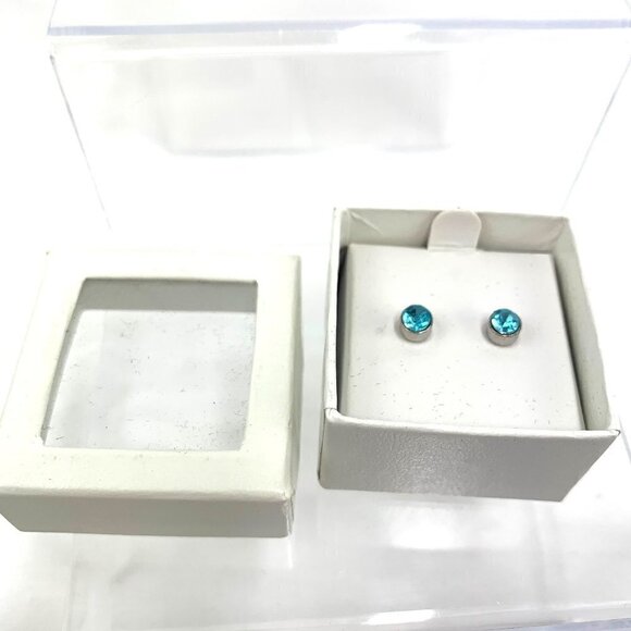 Aquamarine Crystal Inset Silver Tone Stud Earrings - New In Original Box - Picture 2 of 6